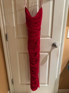 Red Cowl-Neck Ruched Midi Dress